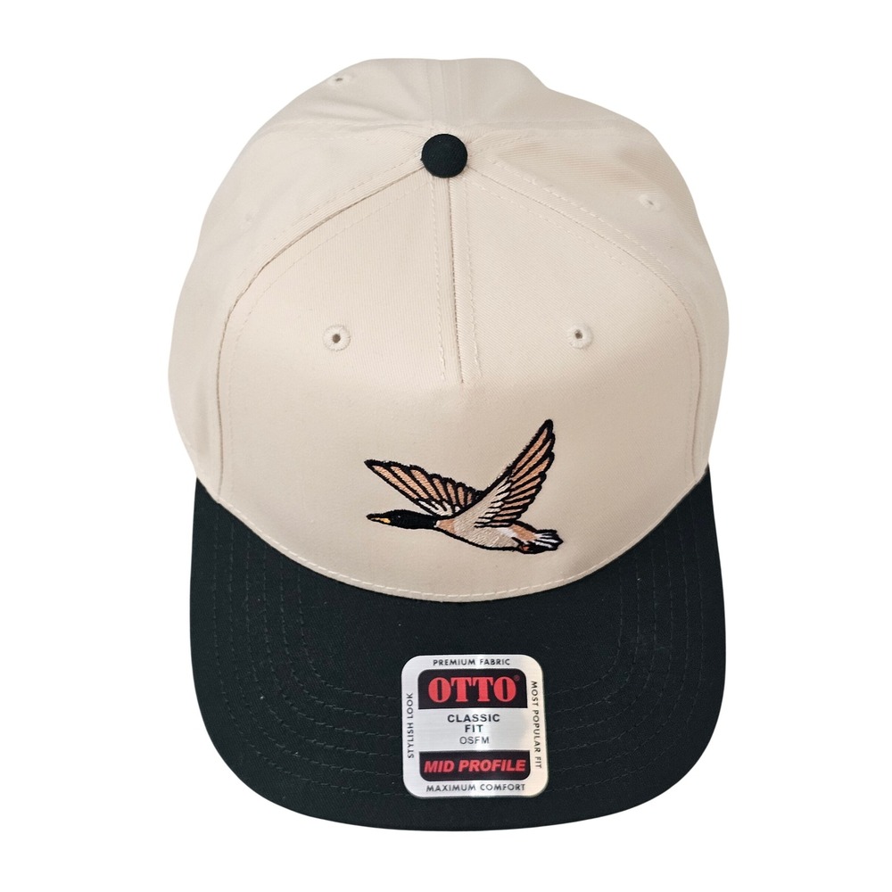 Silly Goose Truckers Otto Cap Flying Duck Embroidered Snapback Hat Cream Black